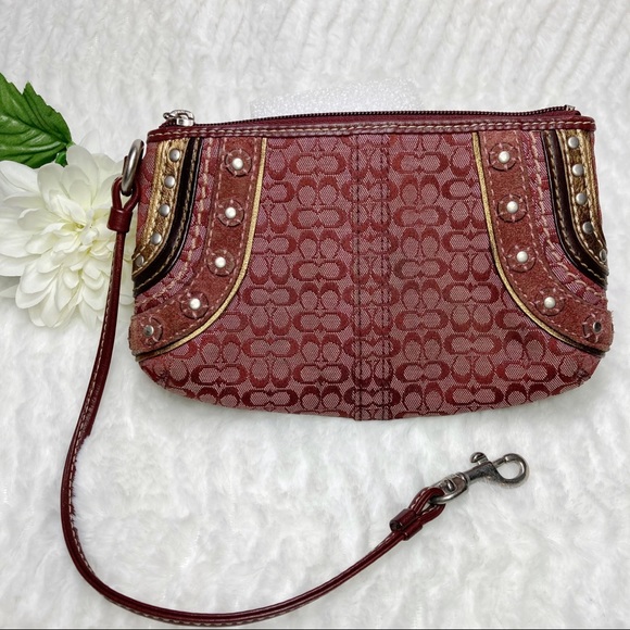 Coach Wine Wristlet Signature Canvas Studs Leather - Picture 4 of 9